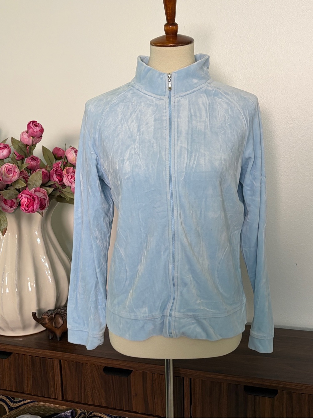 Talbots Light Blue Velour Zip-Up Jacket with Pockets